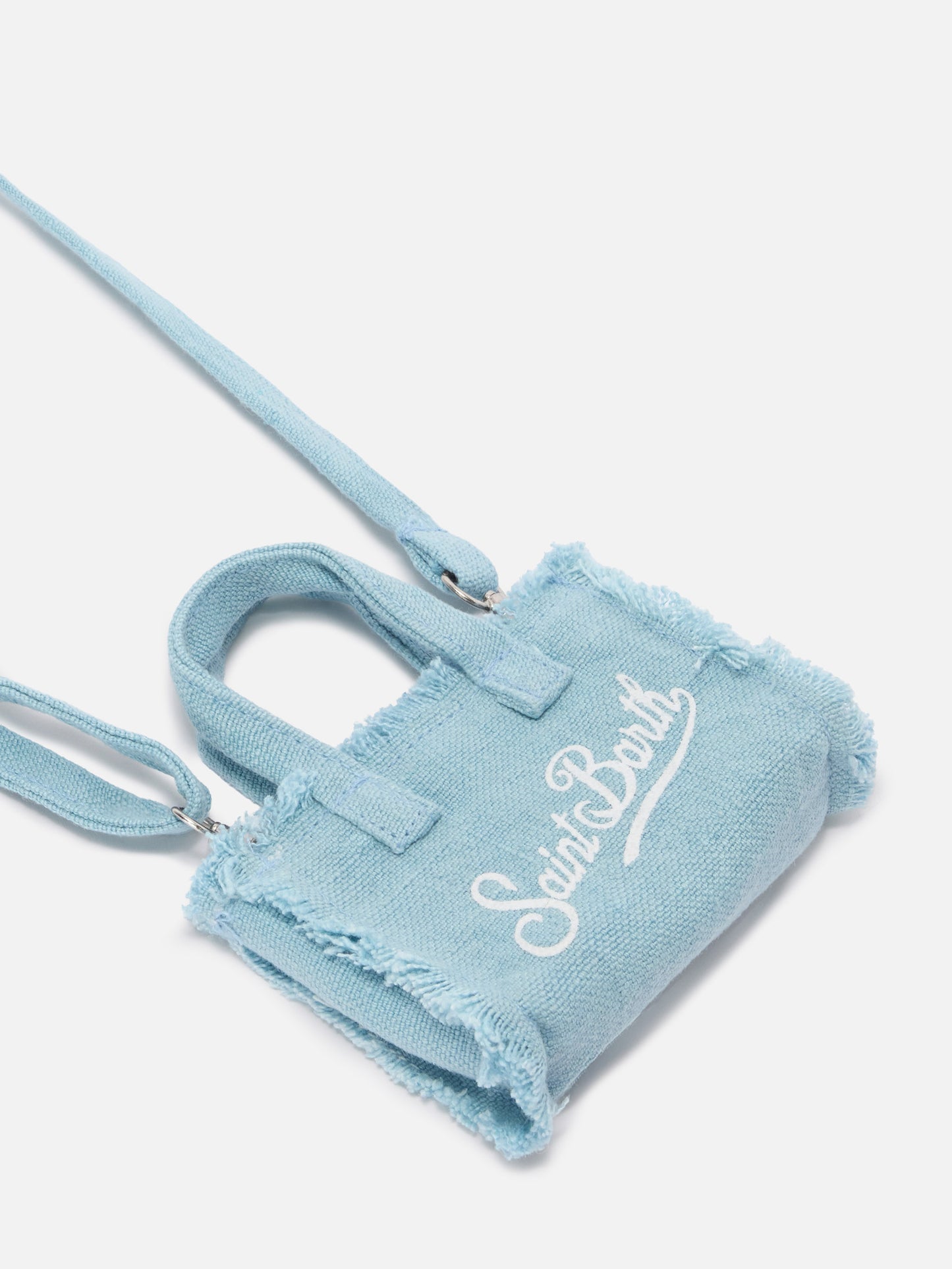 Hellblauer schlüsselanhänger in Form einer Mini-Tasche aus Leinen mit aufgedrucktem Logo 