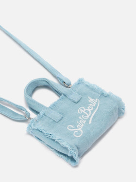 Hellblauer schlüsselanhänger in Form einer Mini-Tasche aus Leinen mit aufgedrucktem Logo 