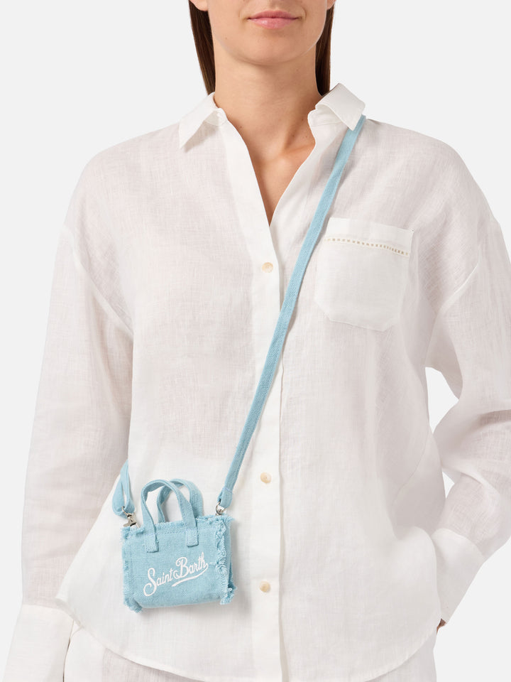 Porte-clés en lin bleu clair en forme de mini sac avec logo imprimé 