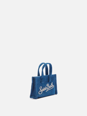 Denim mini bag–shaped keychain with printed logo