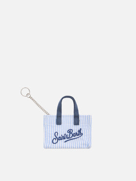 Striped cotton mini bag–shaped keychain with printed logo