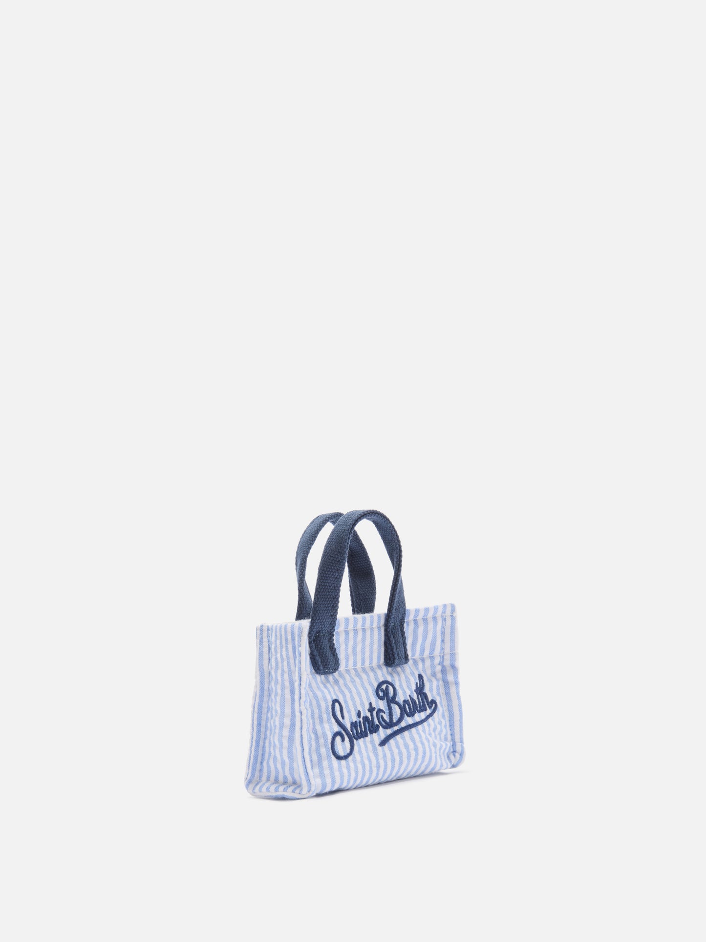 Striped cotton mini bag–shaped keychain with printed logo