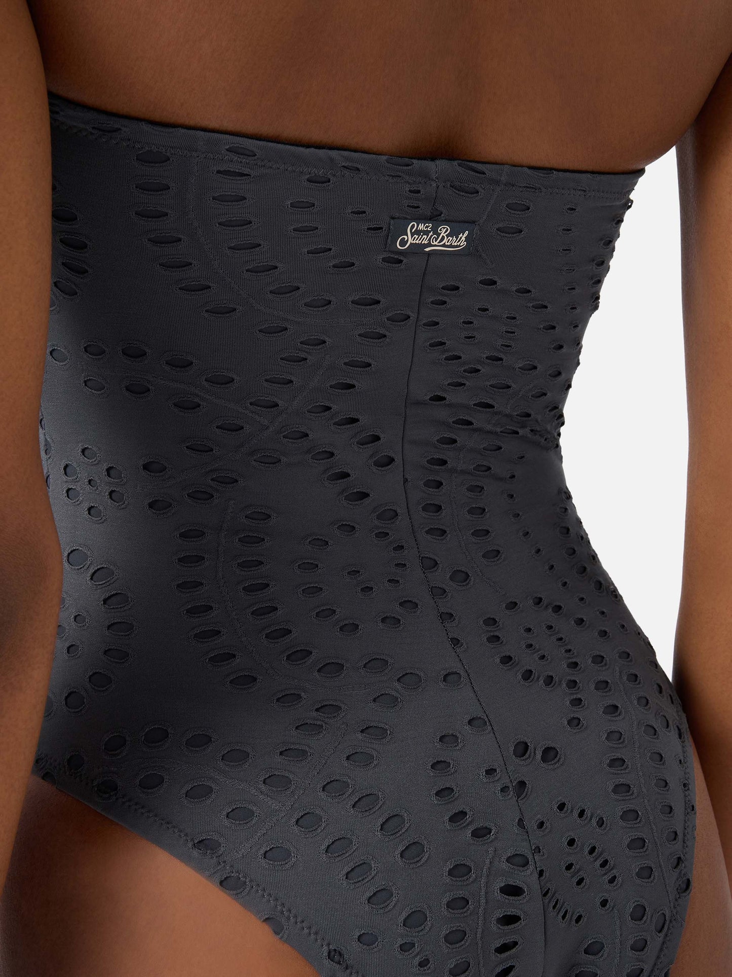 Khyra bandeau one-piece swimsuit in dark grey sangallo textile