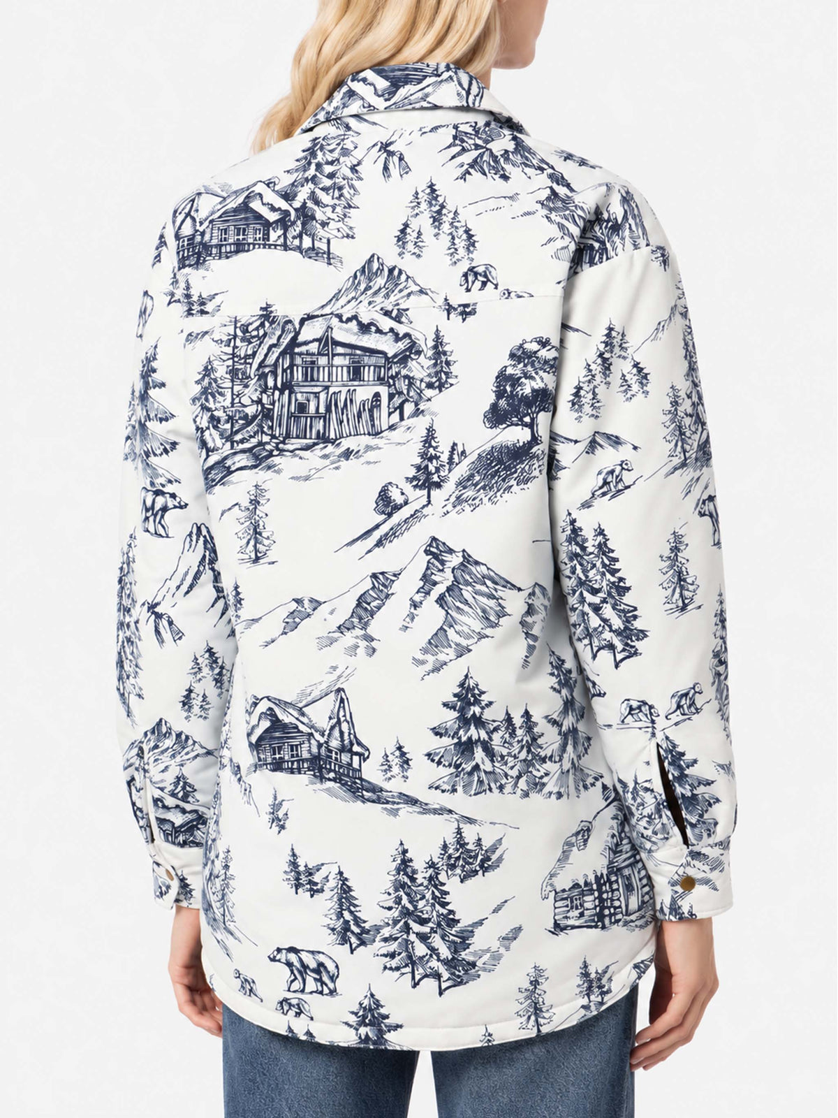 Kimmy lightweight quilted jacket with blue toile de jouy print