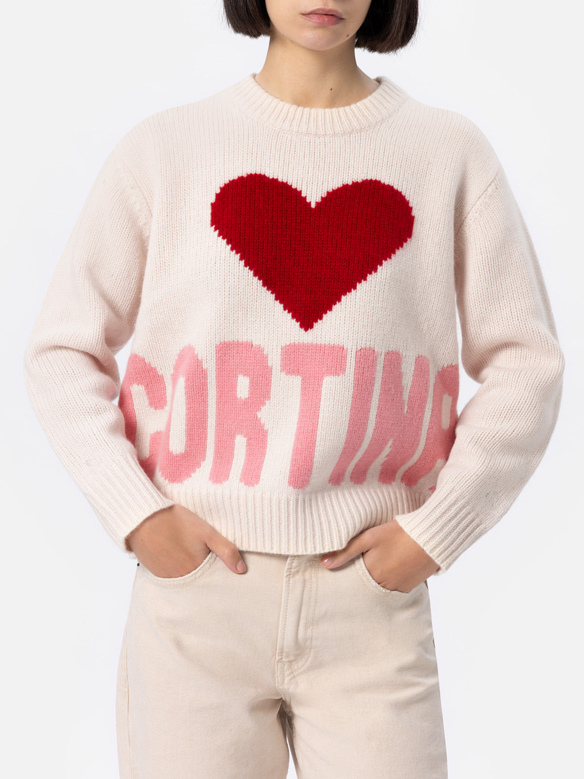 Woman white fair isle sweater Kyla with Cortina jacquard