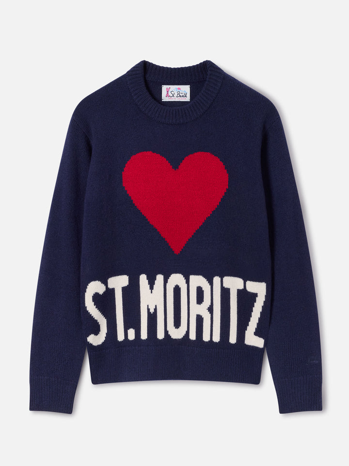 Pull col rond en maille mélange laine et cachemire Kyla Navy blue avec intarsia St. Moritz | Special edition 