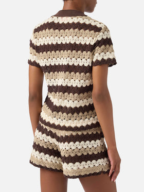 Polo Lala in misto cotone effetto crochet a righe
