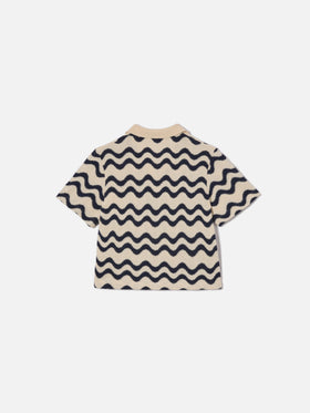 Polo Lala Jr en maille de coton mélangé à motif vagues bleu et ivoire 