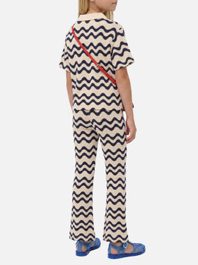 Lala Jr Polo in cotton blend knit with blue and ivory wave pattern
