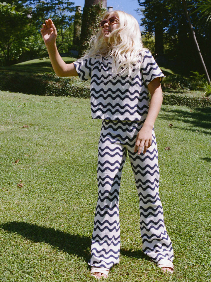 Gwenda Jr raschel knit pants with blue and ivory wave pattern