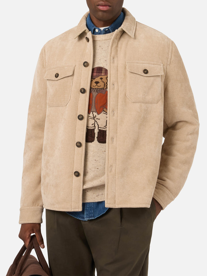 Overshirt Landeck beige in velluto a costine con fodera in teddy