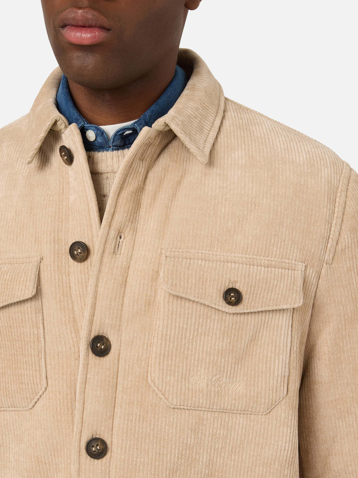 Overshirt Landeck beige in velluto a costine con fodera in teddy