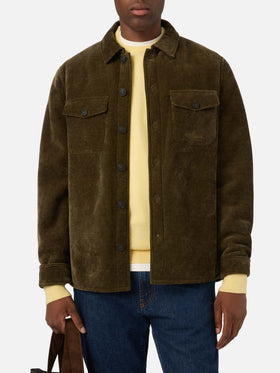Overshirt Landeck verde militare in velluto a costine con fodera in teddy