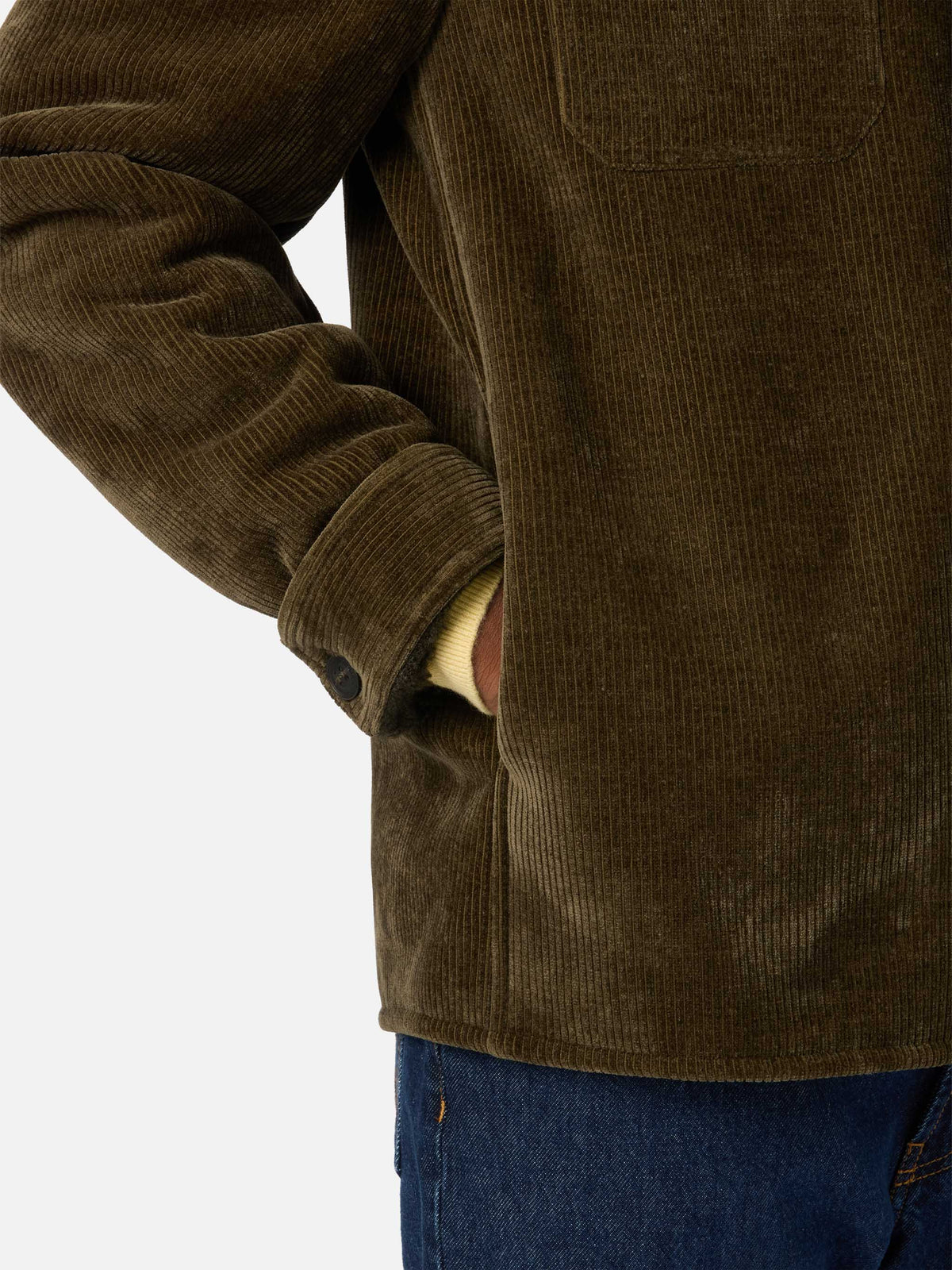 Overshirt Landeck verde militare in velluto a costine con fodera in teddy