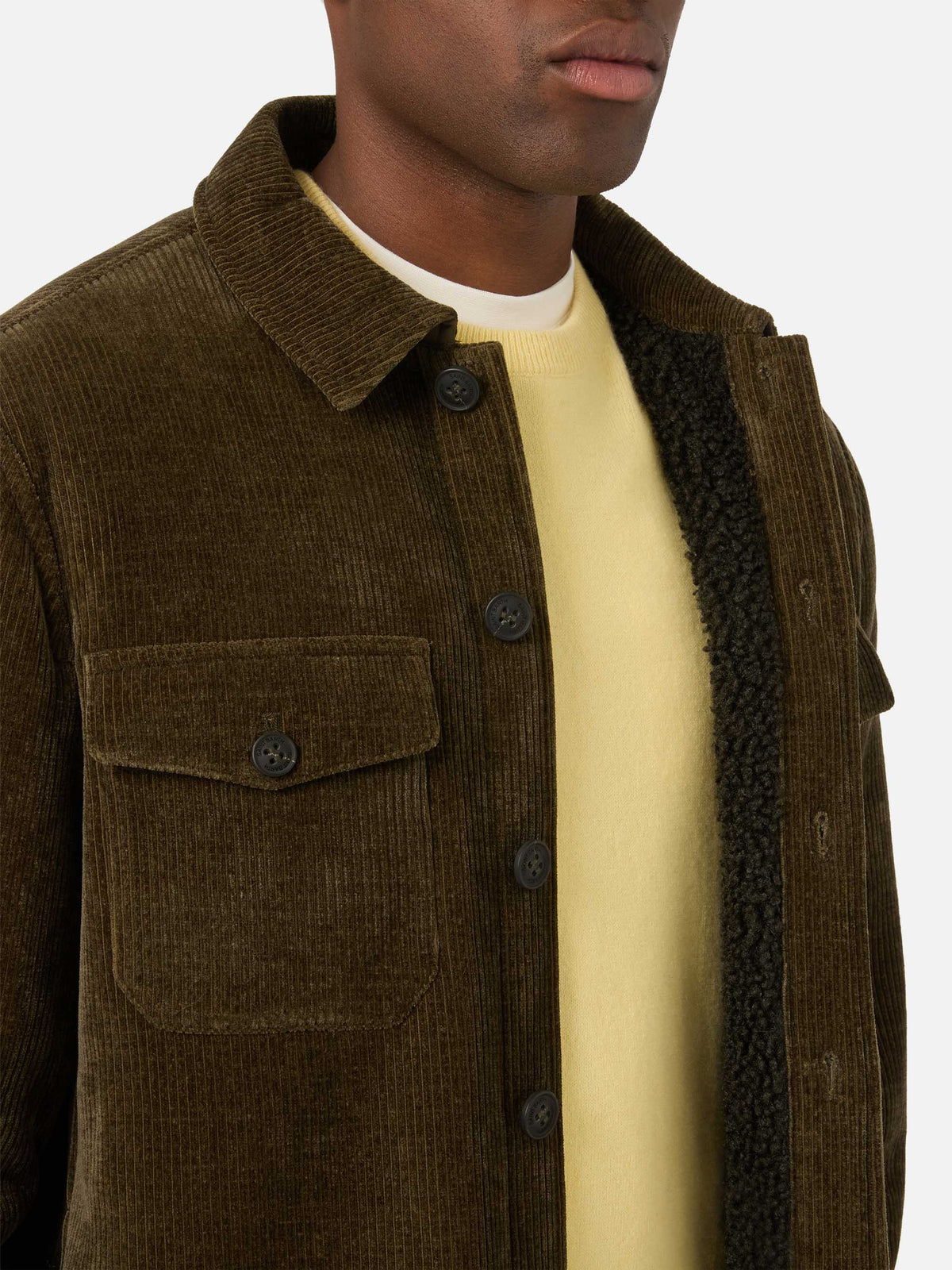 Overshirt Landeck verde militare in velluto a costine con fodera in teddy