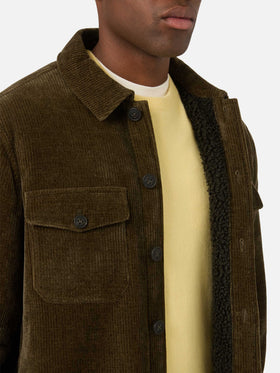 Overshirt Landeck verde militare in velluto a costine con fodera in teddy