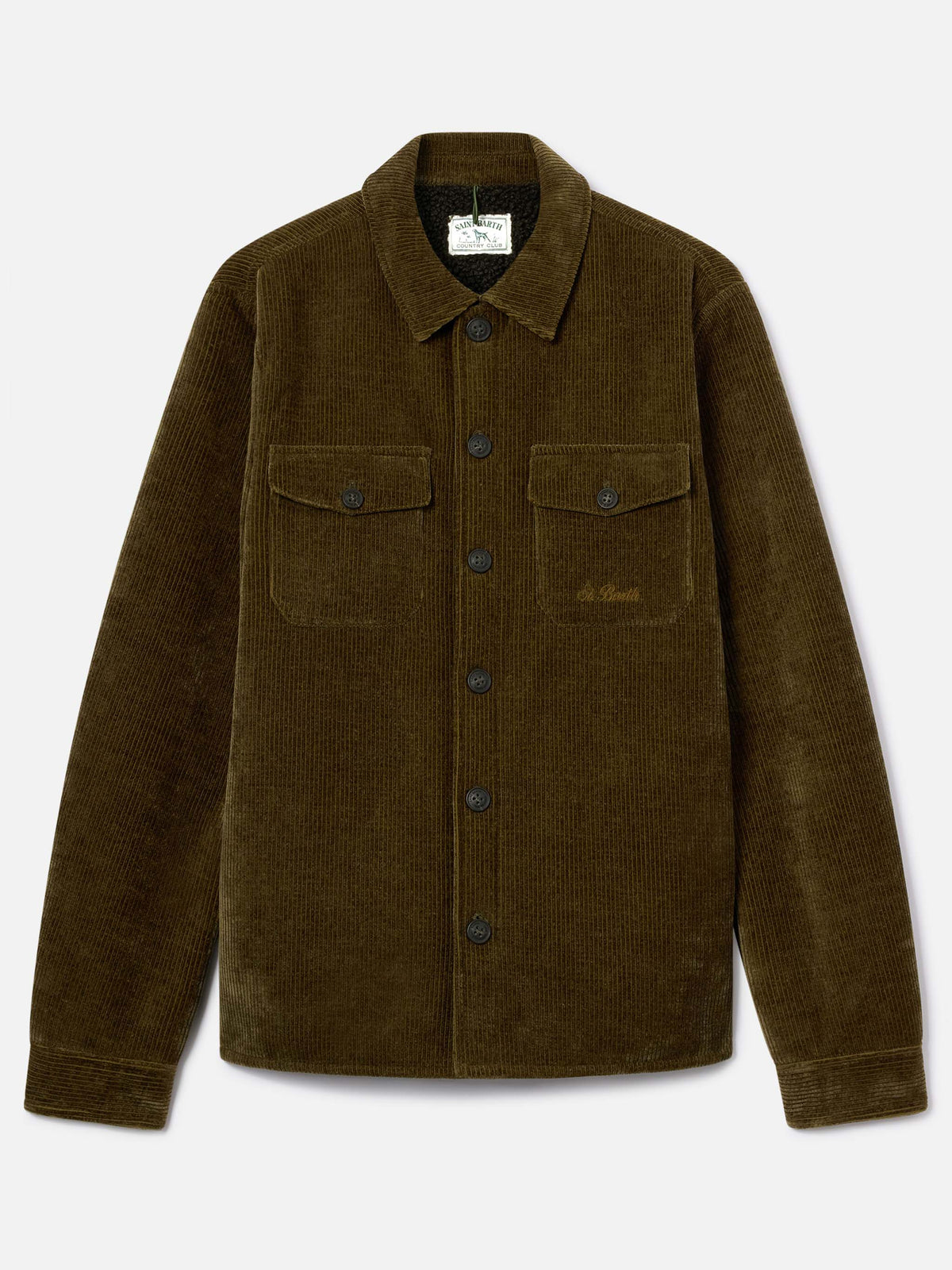 Overshirt Landeck verde militare in velluto a costine con fodera in teddy