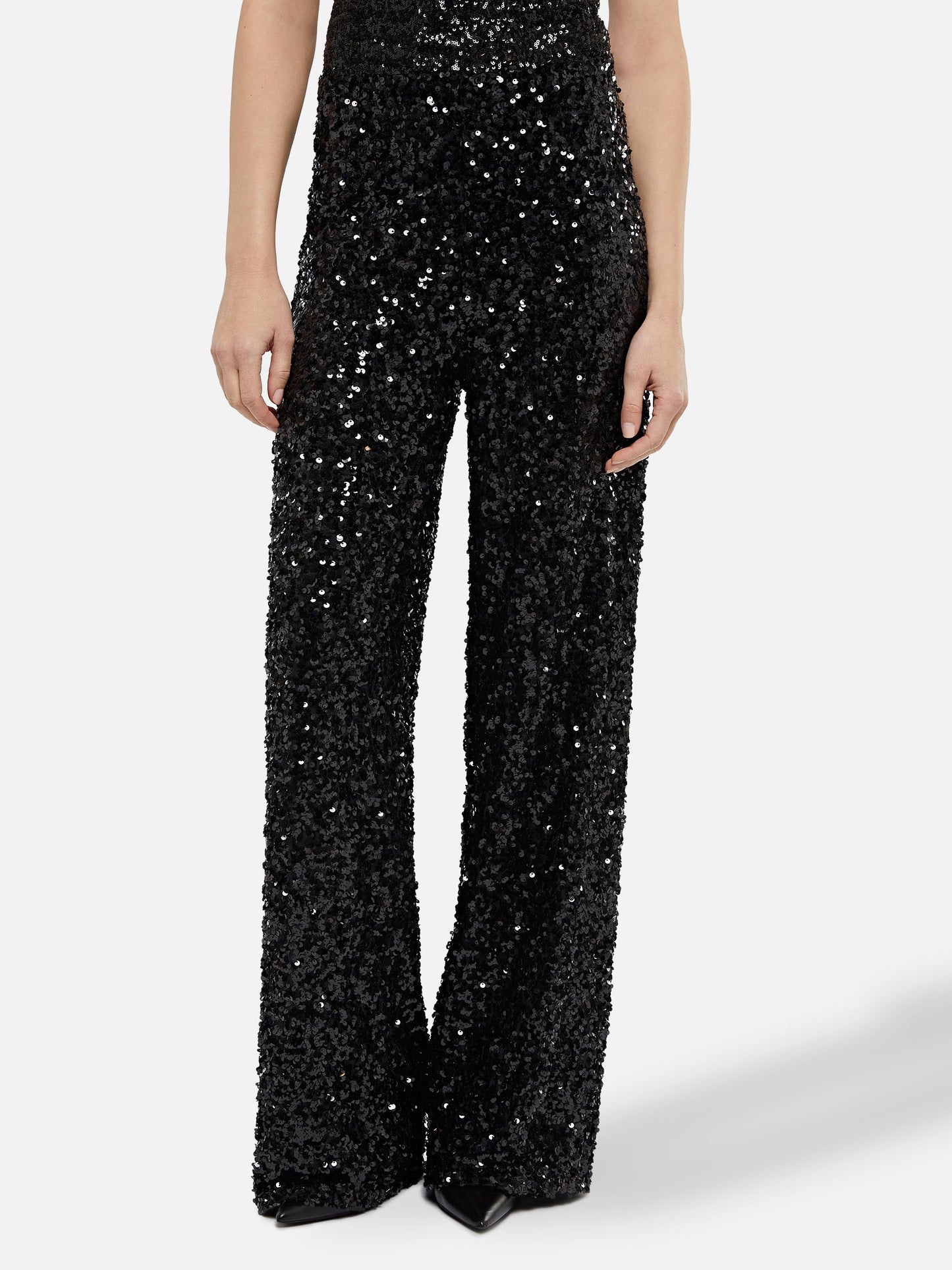 Pantaloni da donna a gamba larga Lucette con paillettes nere
