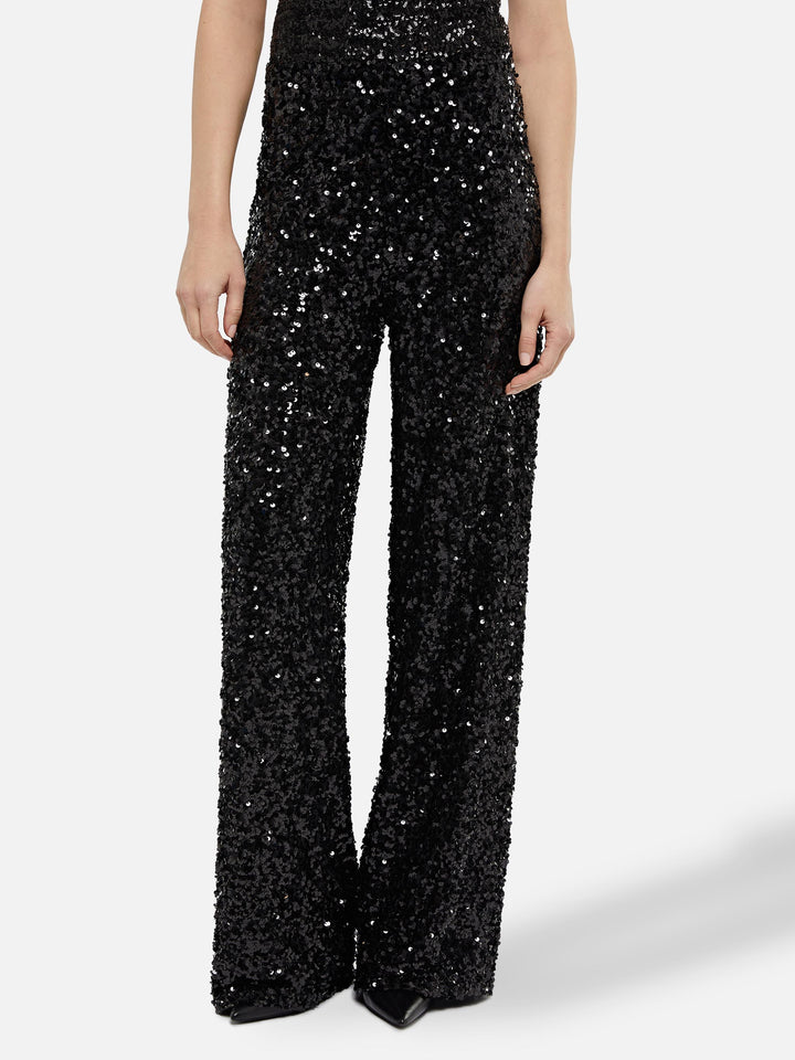 Pantaloni da donna a gamba larga Lucette con paillettes nere