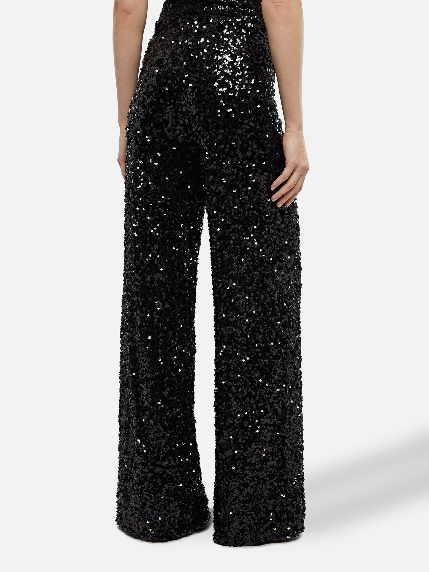 Pantaloni da donna a gamba larga Lucette con paillettes nere