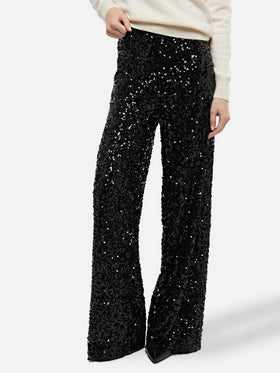 Pantaloni da donna a gamba larga Lucette con paillettes nere