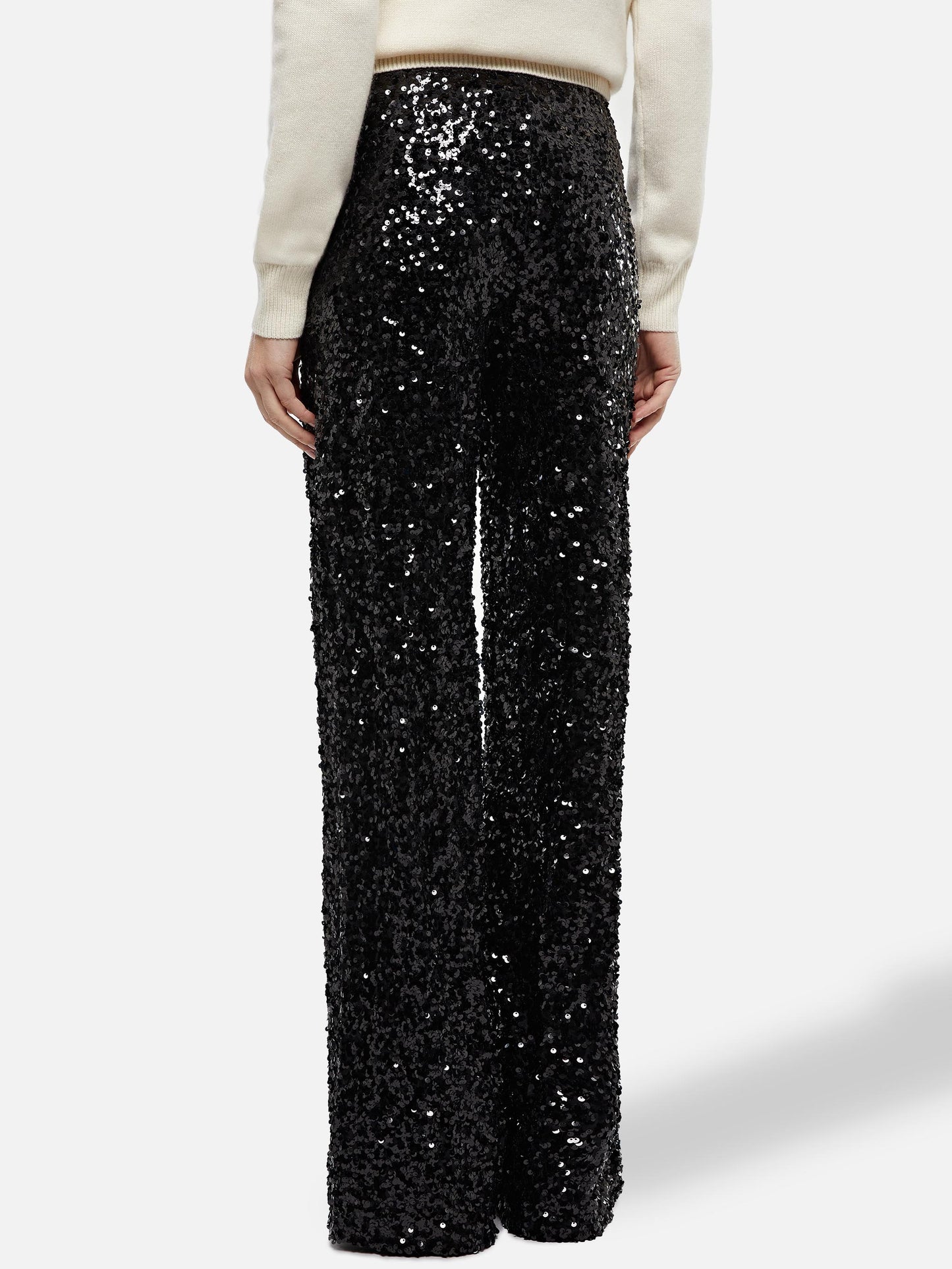 Pantaloni da donna a gamba larga Lucette con paillettes nere