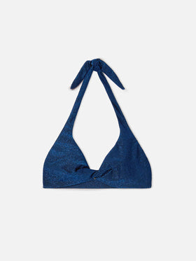 Leda bralette bikini top in blue lurex with cut-out detail