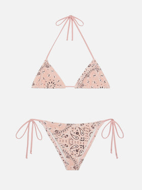Marielle slip mare classico rosa con stampa bandana - Leah top a triangolo rosa in tessuto crinkle
