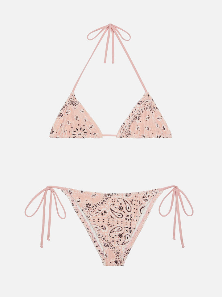 Marielle slip mare classico rosa con stampa bandana - Leah top a triangolo rosa in tessuto crinkle