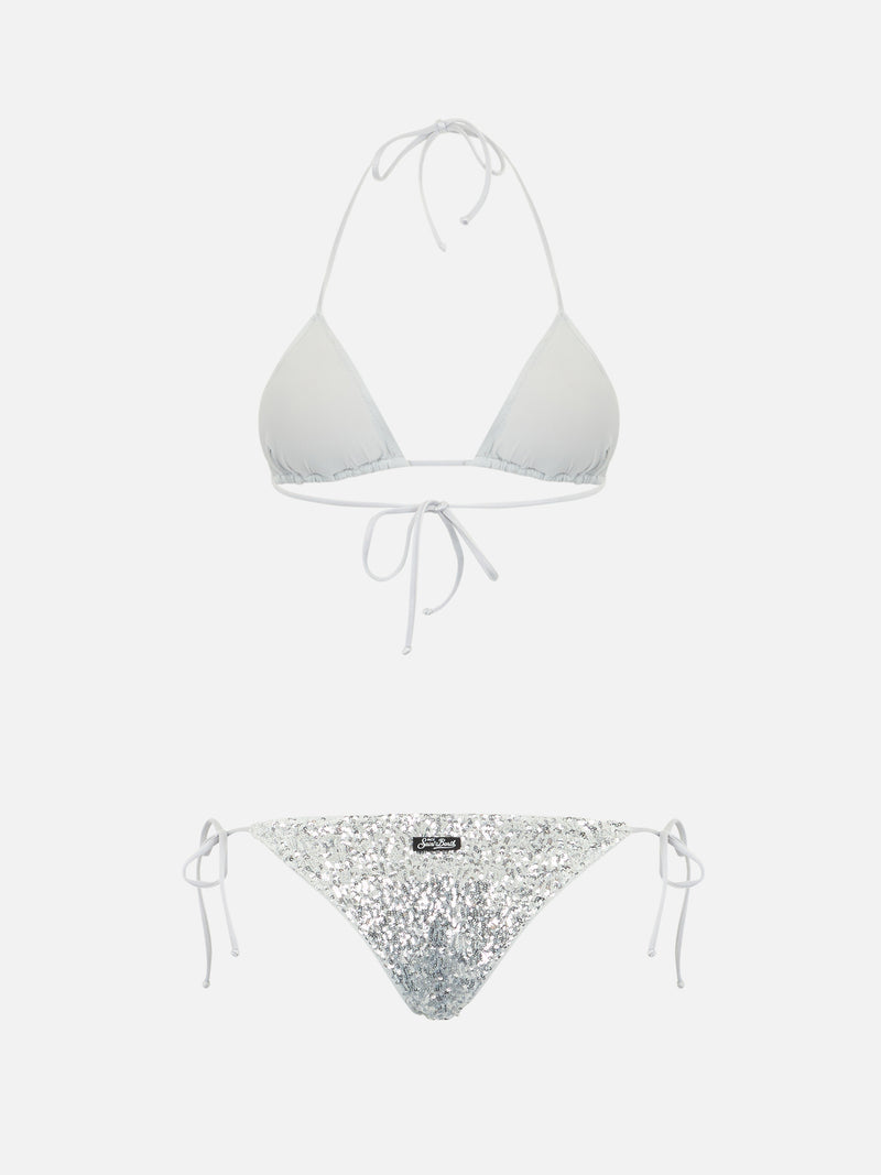 Woman silver sequins triangle bikini Leah Marielle