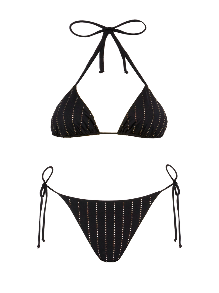 Bikini nero classico a triangolo Leah Marielle con decorazione a righe in strass