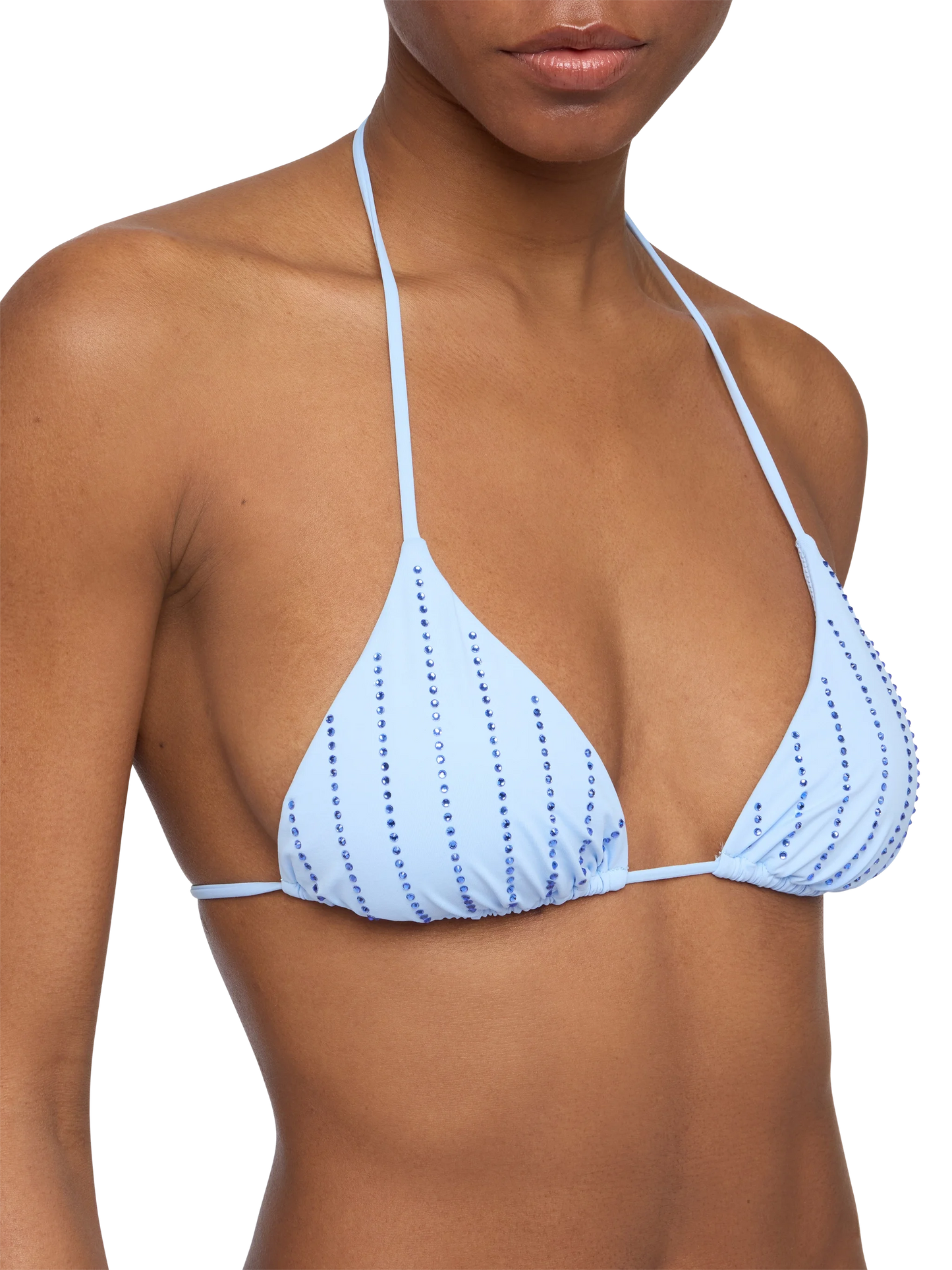 Leah top a triangolo azzurro con applicazioni di strass a righe