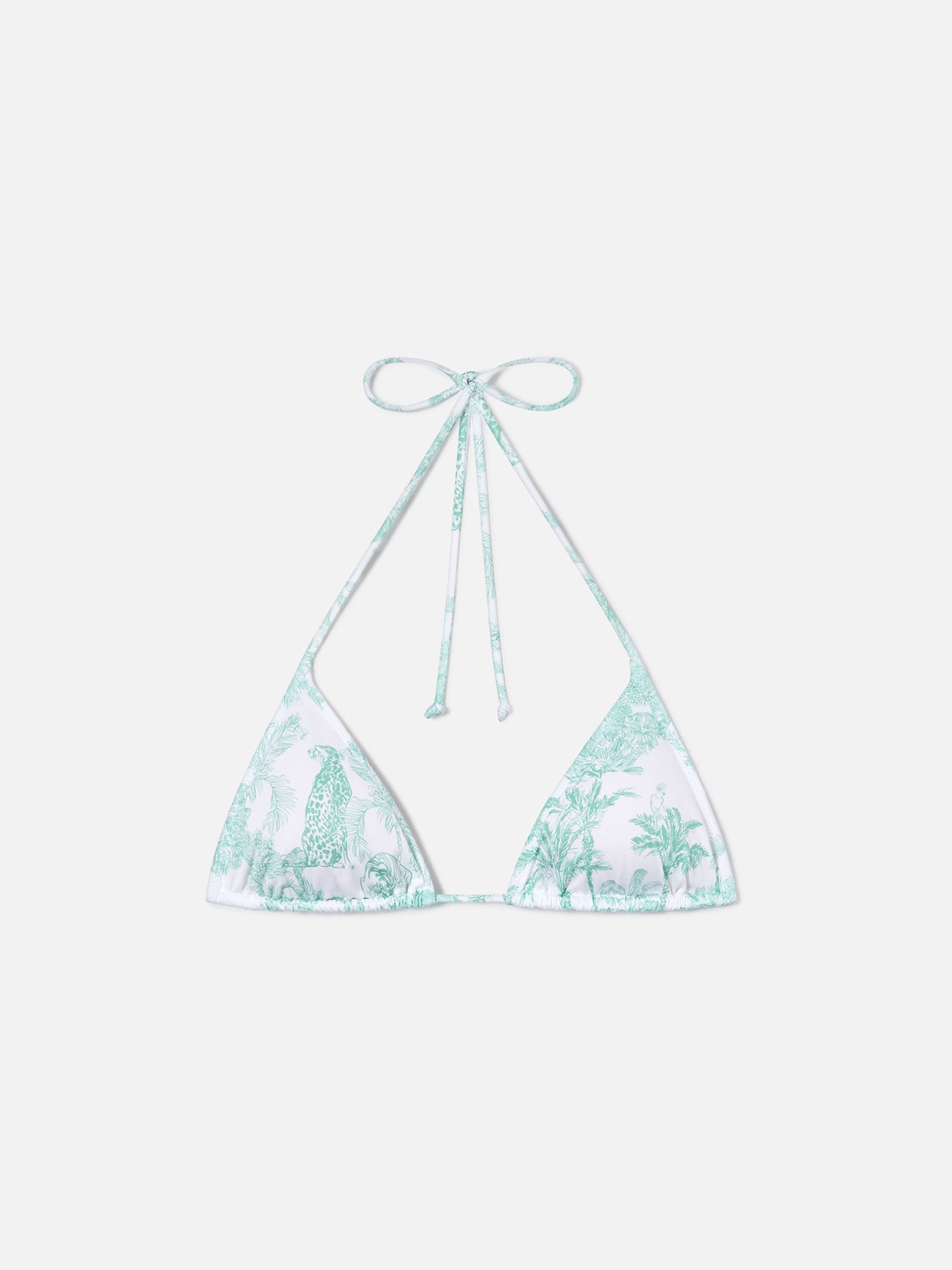 Leah triangle bikini top with green toile de Jouy print
