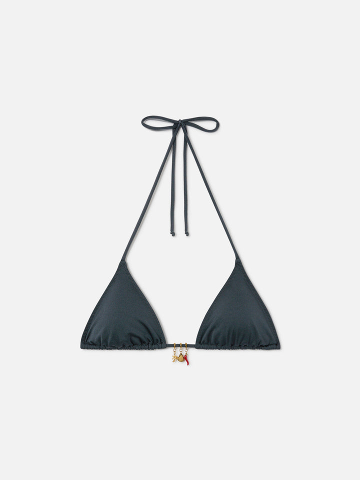 Leah Triangel-Bikinioberteil in Grau aus Stoff mit glänzendem Finish mit Charms 