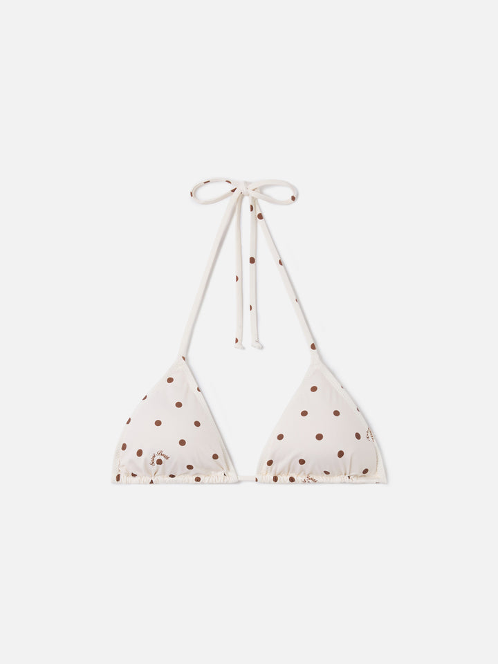 Leah triangle bikini top with beige and brown polka dot print