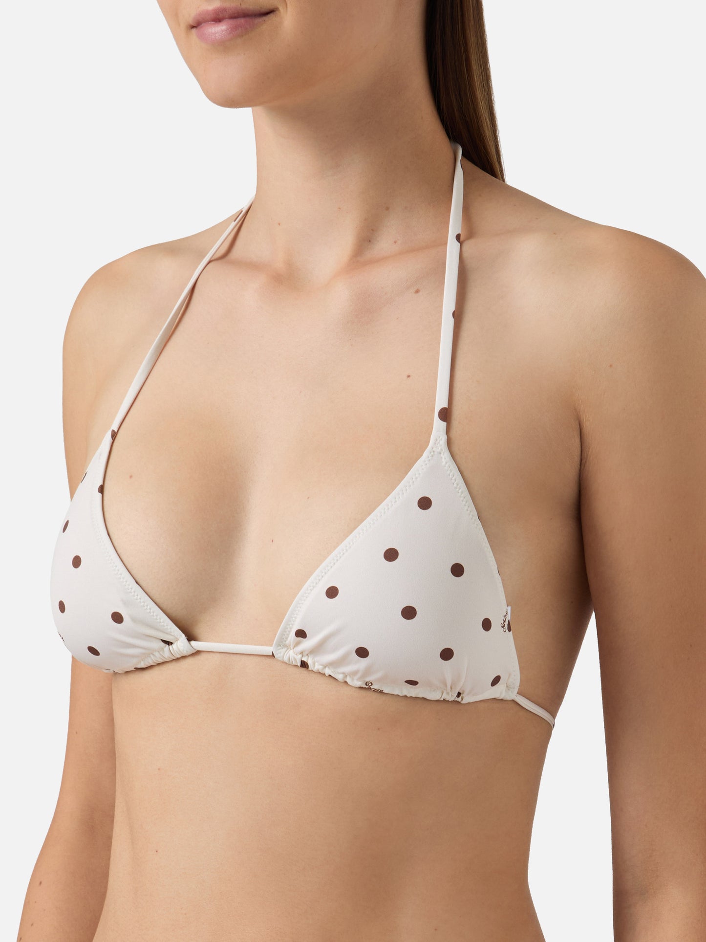 Leah triangle bikini top with beige and brown polka dot print