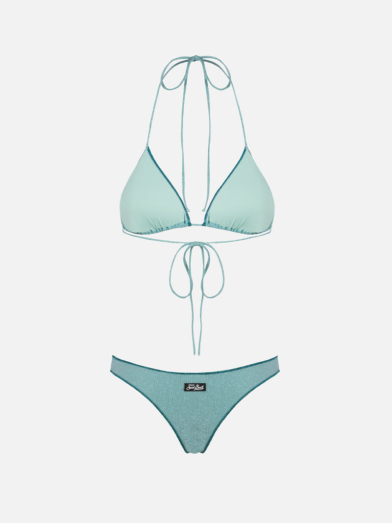 Bikini da donna a triangolo verde acqua in lurex Leah Naomi