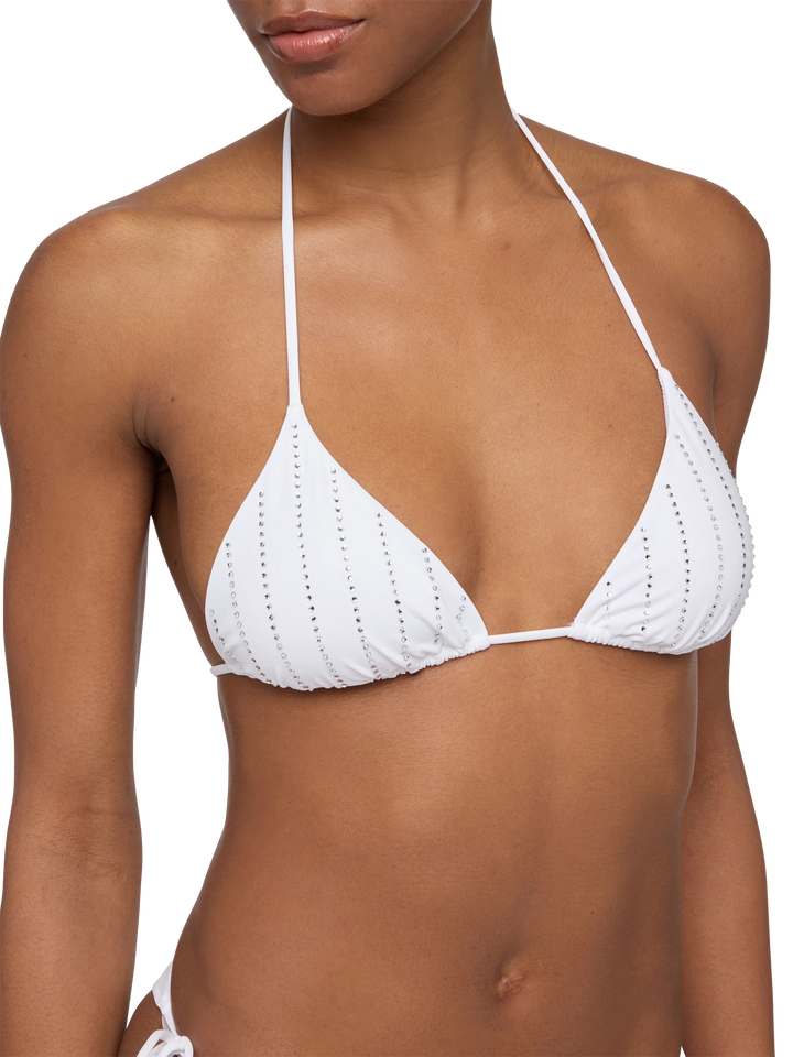 Marielle white classic swim briefs with striped rhinestone embellishment - Leah triangle top swimsuit with striped rhinestone embellishment