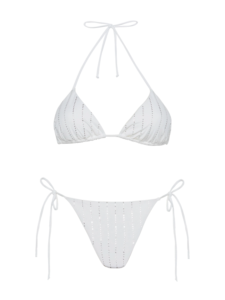 Bikini bianco classico a triangolo Leah Marielle con decorazione a righe in strass