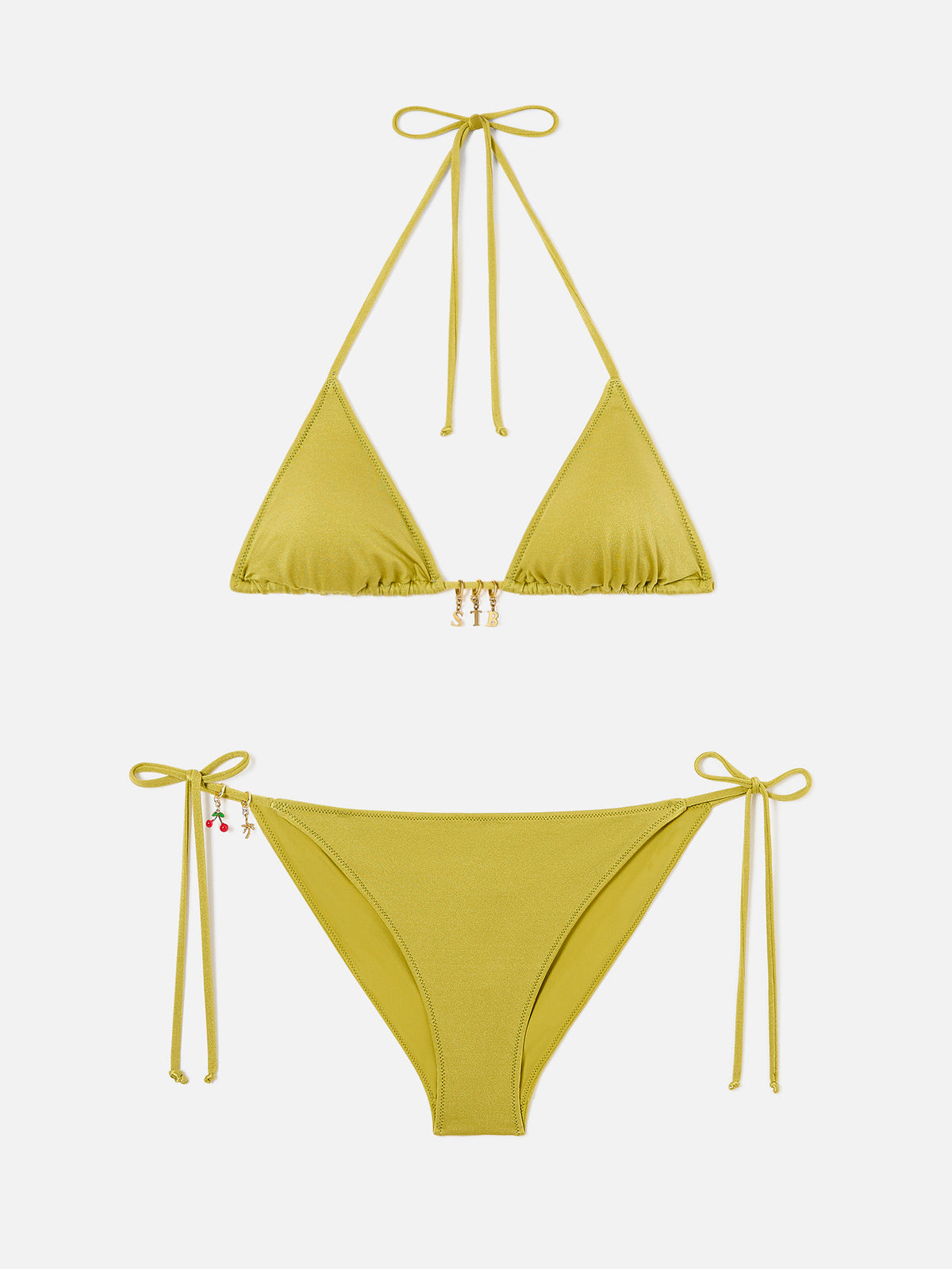 Bikini triangular Leah Virgo verde pistacho con acabado brillante y charms 