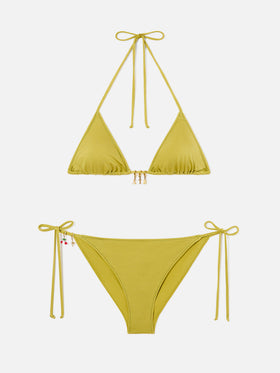 Bikini triangular Leah Virgo verde pistacho con acabado brillante y charms 