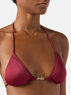 Leah Plate triangle bikini top in burgundy glossy finish fabric