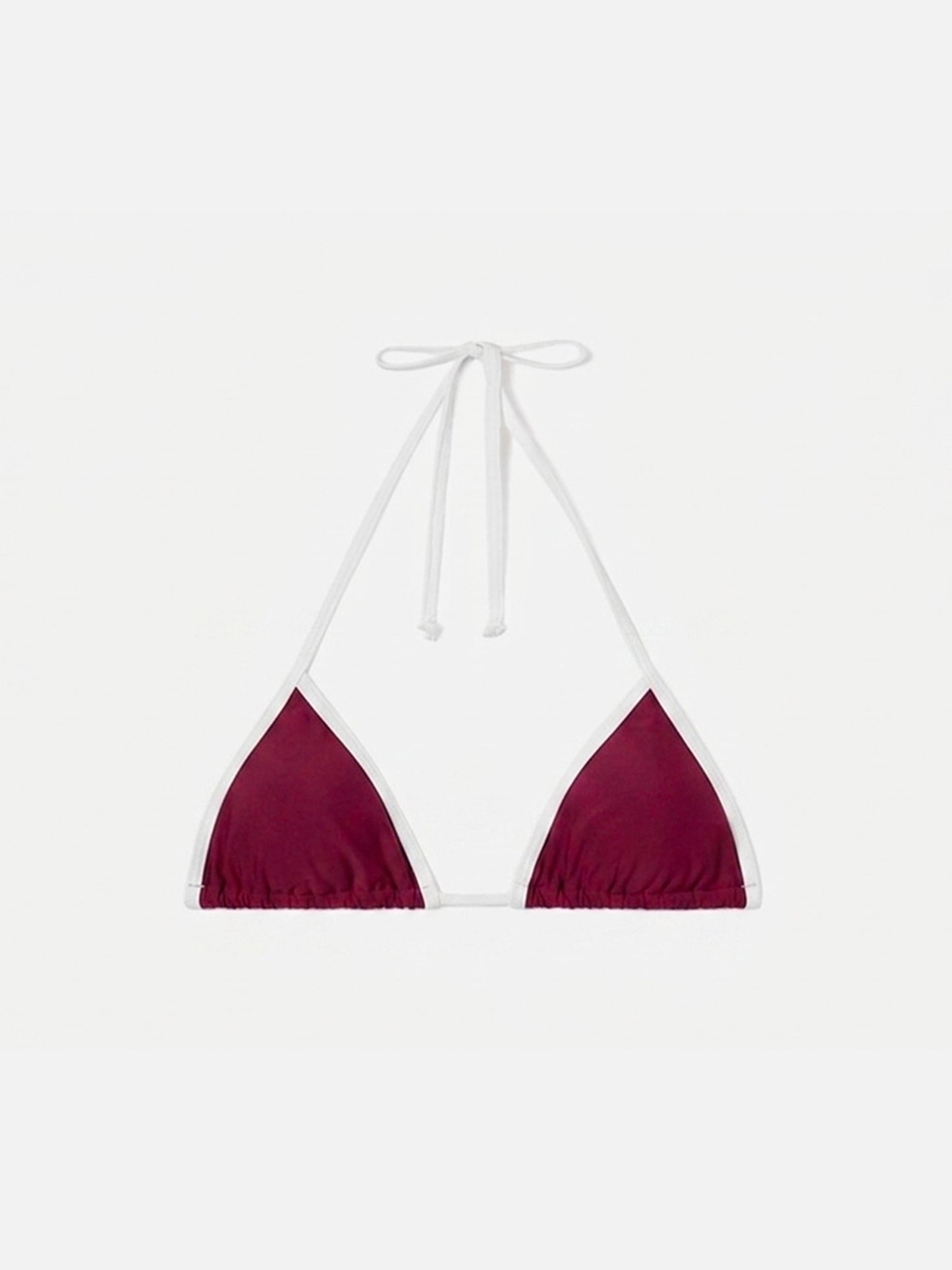 Top de bikini triangular con tiras Leah en burdeos con ribetes blancos 