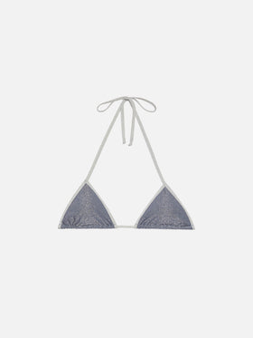 Leah top triangolo in lurex color avio blue con profilo argento