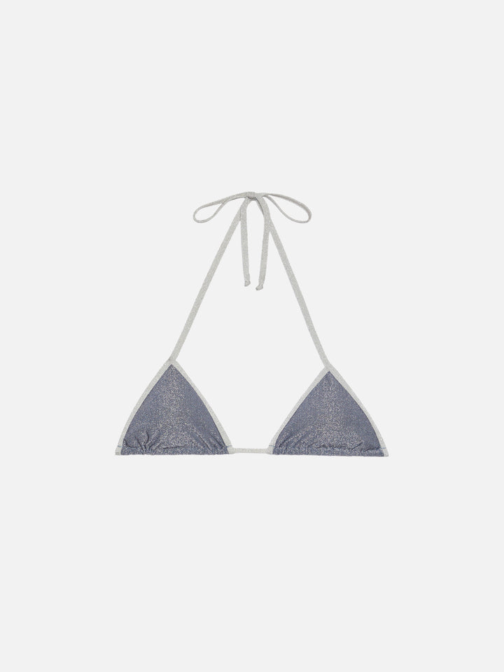 Leah – avioblaues Lurex-Triangel-Top mit silberner Paspelierung
