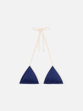 Leah String triangle bikini top in blue with white trims