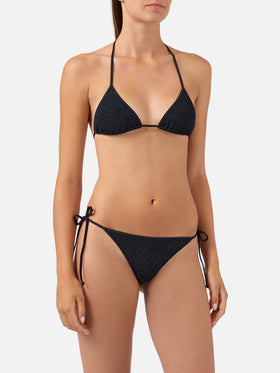 Bikini de triángulo Leah Marielle en tejido crinkle lurex negro 