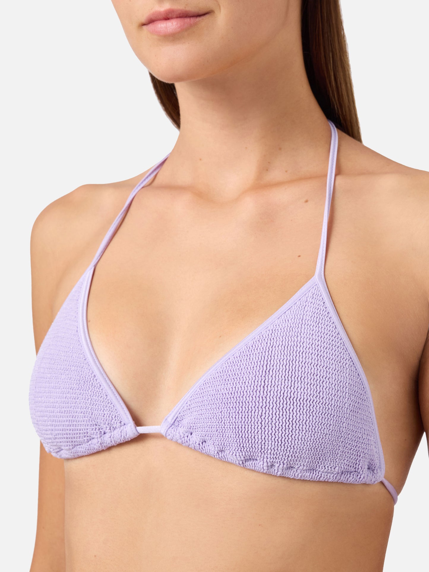 Haut de bikini triangle à ficelles Leah en tissu crinkle lurex lilas 