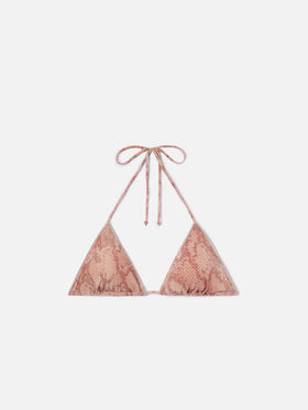 Leah Overlock triangle bikini top in lurex with python print
