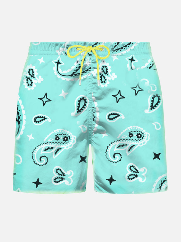 Badeshorts für Herren aus leichtem Stoff mit wassergrünem Paisley-Print